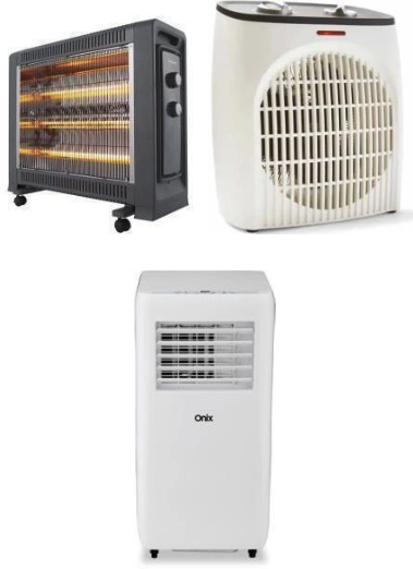 Not permitted: radiant heater, fan heater and portable air conditioner